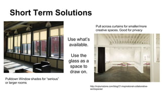 Short Term Solutions
Pulldown Window shades for “serious”
or larger rooms
Pull across curtains for smaller/more
creative spaces. Good for privacy
http://myturnstone.com/blog/21-inspirational-collaborative-
workspaces/
Use what’s
available.
Use the
glass as a
space to
draw on.
 