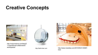 Creative Concepts
http://www.inewidea.com/2010/05/21/30997.
html
http://myturnstone.com/blog/2
1-inspirational-collaborative-
workspaces/
http://ball-chair.com
 