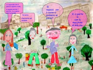 Lo sapevate che il parco è aperto a tutti,e sapete perché ? perchè  è un parco internazionale Sì ragazzi,  però come ci andiamo al parco?Vi ci porto io  con la macchina di mia zia.  Io sono d’accordo ad andare