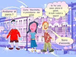 Io  ho  unacasa  piena di  gelati,di tutti i colori e saporiCerto   Marchetto,ci prendiamo   deigelatiAndiamo  al  parco ?Sono d’accordo