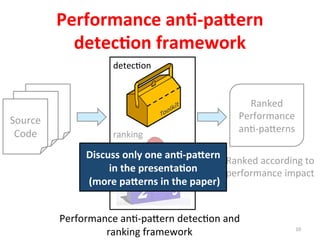 Performance	
  an%-­‐pa2ern	
  
detec%on	
  framework	
  
Performance	
  ang-­‐pa]ern	
  detecgon	
  and	
  	
  
ranking	
  framework	
  	
  
Ranked	
  according	
  to	
  	
  
performance	
  impact	
  
Ranked	
  
Performance	
  
ang-­‐pa]erns	
  
Source	
  	
  
Code	
  
detecgon	
  
ranking	
  
10	
  
Discuss	
  only	
  one	
  an%-­‐pa2ern	
  
in	
  the	
  presenta%on	
  
	
  (more	
  pa2erns	
  in	
  the	
  paper)	
  
 