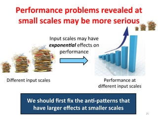 Performance	
  problems	
  revealed	
  at	
  
small	
  scales	
  may	
  be	
  more	
  serious	
  
25	
  
We	
  should	
  ﬁrst	
  ﬁx	
  the	
  an%-­‐pa2erns	
  that	
  
have	
  larger	
  eﬀects	
  at	
  smaller	
  scales	
  
Input	
  scales	
  may	
  have	
  
exponenSal	
  eﬀects	
  on	
  
performance	
  
Diﬀerent	
  input	
  scales	
   Performance	
  at	
  
diﬀerent	
  input	
  scales	
  
 