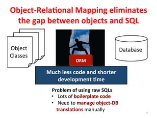 4	
  
Object-­‐Rela%onal	
  Mapping	
  eliminates	
  
the	
  gap	
  between	
  objects	
  and	
  SQL	
  
Database	
  
•  	
  Lots	
  of	
  boilerplate	
  code	
  	
  
•  	
  Need	
  to	
  manage	
  object-­‐DB	
  
transla%ons	
  manually	
  
	
  
Object	
  	
  
Classes	
  
Problem	
  of	
  using	
  raw	
  SQLs	
  
ORM	
  
Much	
  less	
  code	
  and	
  shorter	
  
development	
  %me	
  
 