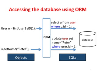 Accessing	
  the	
  database	
  using	
  ORM	
  
7	
  
User	
  u	
  =	
  ﬁndUserByID(1);	
  
ORM	
  
database	
  
select	
  u	
  from	
  user	
  
where	
  u.id	
  =	
  1;	
  
u.setName(“Peter”);	
  
update	
  user	
  set	
  
name=“Peter”	
  
where	
  user.id	
  =	
  1;	
  
Objects	
   SQLs	
  
 
