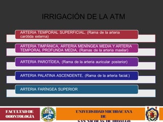 UNIVERSIDAD MICHOACANA 
DE 
SAN NICOLÁS DE HIDALGO 
FACULTAD DE 
ODONTOLOGÍA 
IRRIGACIÓN DE LA ATM 
 