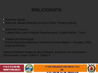UNIVERSIDAD MICHOACANA 
DE 
SAN NICOLÁS DE HIDALGO 
FACULTAD DE 
ODONTOLOGÍA 
BIBLIOGRAFÍA 
• Anatomía Dental 
• Diamond, Moisés Editorial Limusa UTHEA Primere edición 
• Anatomía Humana 
Latarjet-Ruiz Liard. Editorial Panamericana. Cuarta Edición. Tomo I 
• Tratado de Odontología 
Antonio Bascones Martínez. Editorial Avances Médico – Dentales, 2000 
Segunda Edición 
Velayos Santana Anatomía de la Cabeza. Anatomía con Orientación 
Clínica keith l. moon. Arthur F. Dalley II 
 