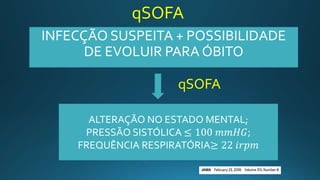qSOFA
INFECÇÃO SUSPEITA + POSSIBILIDADE
DE EVOLUIR PARA ÓBITO
ALTERAÇÃO NO ESTADO MENTAL;
PRESSÃO SISTÓLICA ≤ 100 𝑚𝑚𝐻𝐺;
FREQUÊNCIA RESPIRATÓRIA≥ 22 𝑖𝑟𝑝𝑚
qSOFA
 