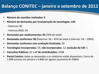 Balanço CONITEC – janeiro a setembro de 2012
 Número de reuniões realizadas: 9
 Número de demandas por incorporação de tecnologias: 134
- Externas: 80
- Internas (MS): 54
 Demandas por medicamentos: 93 (70% do total)
 Demandas conformes: 90 (Externas: 36 – 45% do total e Internas: 54 – 100%)
 Demandas conformes com avaliação finalizada: 50
 Tecnologias Incorporadas: 33; não incorporadas: 12; exclusão de CID: 1
 Consultas Públicas: 22 e nº de contribuições: 1598
 Portal Conitec: todas as demandas e os relatórios estão disponíveis. Cerca de
1.000 acessos em janeiro e 5.800 em agosto (aumento de 500%)
 