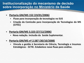 Institucionalização do mecanismo de decisão
sobre incorporação no Ministério da Saúde
 Portaria GM/MS 152 (19/01/2006)
 Fluxo para incorporação de tecnologias no SUS
 Criação da Comissão para Incorporação de Tecnologias do MS
(CITEC)
 Portaria GM/MS 3.323 (27/12/2006)
 Nova redação. Inclusão da Saúde Suplementar.
 Portaria GM/MS nº 2.587 (30/10/2008)
 Vincula a gestão à Secretaria de Ciência, Tecnologia e Insumos
Estratégicos - SCTIE. Estabelece novo fluxo para análise.
 