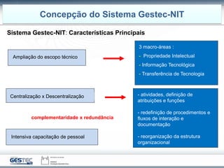 Sistema Gestec-NIT: Características Principais
Ampliação do escopo técnico
3 macro-áreas :
- Propriedade Intelectual
- Informação Tecnológica
- Transferência de Tecnologia
Centralização x Descentralização - atividades, definição de
atribuições e funções
- redefinição de procedimentos e
fluxos de interação e
documentação
- reorganização da estrutura
organizacional
complementaridade x redundância
Intensiva capacitação de pessoal
Concepção do Sistema Gestec-NIT
 