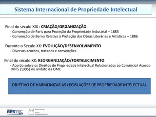 Sistema Internacional de Propriedade Intelectual
Final do século XIX : CRIAÇÃO/ORGANIZAÇÃO
- Convenção de Paris para Proteção da Propriedade Industrial – 1883
- Convenção de Berna Relativa à Proteção das Obras Literárias e Artísticas – 1886
Durante o Século XX: EVOLUÇÃO/DESENVOLVIMENTO
- Diversos acordos, tratados e convenções
Final do século XX: REORGANIZAÇÃO/FORTALECIMENTO
- Acordo sobre os Direitos de Propriedade Intelectual Relacionados ao Comércio/ Acordo
TRIPS (1995) no âmbito da OMC
OBJETIVO DE HARMONIZAR AS LEGISLAÇÕES DE PROPRIEDADE INTELECTUAL
 