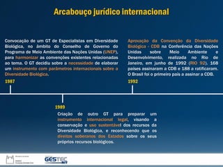 Convocação de um GT de Especialistas em Diversidade
Biológica, no âmbito do Conselho de Governo do
Programa de Meio Ambiente das Nações Unidas (UNEP),
para harmonizar as convenções existentes relacionadas
ao tema. O GT decidiu sobre a necessidade de elaborar
um instrumento com parâmetros internacionais sobre a
Diversidade Biológica.
Aprovação da Convenção da Diversidade
Biológica - CDB na Conferência das Nações
Unidas sobre Meio Ambiente e
Desenvolvimento, realizada no Rio de
Janeiro, em junho de 1992 (RIO 92). 168
países assinaram a CDB e 188 a ratificaram.
O Brasil foi o primeiro país a assinar a CDB.
Criação de outro GT para preparar um
instrumento internacional legal, visando a
conservação e uso sustentável dos recursos da
Diversidade Biológica, e reconhecendo que os
direitos soberanos dos Estados sobre os seus
próprios recursos biológicos.
1987 1992
1989
Arcabouço jurídico internacional
 