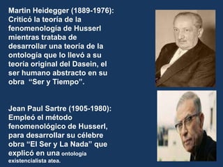 Martin Heidegger (1889-1976): Criticó la teoría de la fenomenología de Husserl mientras trataba de desarrollar una teoría de la ontología que lo llevó a su teoría original del Dasein, el ser humano abstracto en su obra  “Ser y Tiempo”.Jean Paul Sartre (1905-1980): Empleó el método fenomenológico de Husserl, para desarrollar su célebre obra “El Ser y La Nada” que explicó en una ontología existencialista atea.