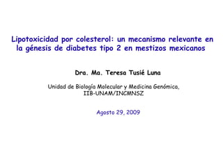 Lipotoxicidad por colesterol: un mecanismo relevante en la génesis de diabetes tipo 2 en mestizos mexicanos  Dra. Ma. Teresa Tusié Luna  Unidad de Biología Molecular y Medicina Genómica, IIB-UNAM/INCMNSZ Agosto 29, 2009 