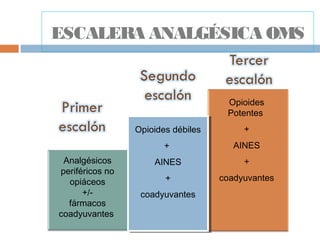 ESCALERA ANALGÉSICA OMS
Analgésicos
periféricos no
opiáceos
+/-
fármacos
coadyuvantes
Opioides débiles
+
AINES
+
coadyuvantes
Opioides
Potentes
+
AINES
+
coadyuvantes
 