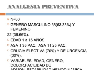 ANALGESIA PREVENTIVA
 N=60
 GENERO MASCULINO 38(63.33%) Y
FEMENINO
22 (36.66%).
 EDAD 1 a 15 AÑOS
 ASA 1 35 PAC. ASA 11 25 PAC.
 CRUGIA ELECTIVA (70%) Y DE URGENCIA
(30%).
 VARIABLES: EDAD, GENERO,
DOLOR,FACILIDAD DE
 