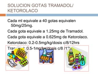SOLUCION GOTAS TRAMADOL/
KETOROLACO
Cada ml equivale a 40 gotas equivalen
50mg/25mg.
Cada gota equivale a 1.25mg de Tramadol.
Cada gota equivale a 0.625mg de Ketorolaco.
Ketorolaco: 0.2-0.5mg/kg/dosis c/8/12hrs
Tramadol: 0.5-1mg/kg/dosis c/8 /12hrs
 