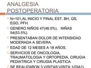 ANALGESIA
POSTOPERATORIA
 N=101,AL INICIO Y FINAL EST. BH, QS,
EGO, PFH.
 GENERO NIÑOS 47(46.5%), NIÑAS
54(53.5%).
 PRESENTABAN DOLOR DE INTENSIDAD
MODERADA A SEVERA.
 EDAD DE 12 MESES A 18 AÑOS.
 SERVICIOS DE ONCOLOGIA,
TRAUMATOLOGIA Y ORTOPEDIA, CIRUGIA
PEDIATRICA Y CIRUGIA PLASTICA

 