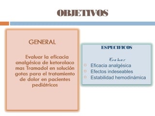 OBJETIVOS
ESPECIFICOS
Evaluar
 Eficacia analgésica
 Efectos indeseables
 Estabilidad hemodinámica
 