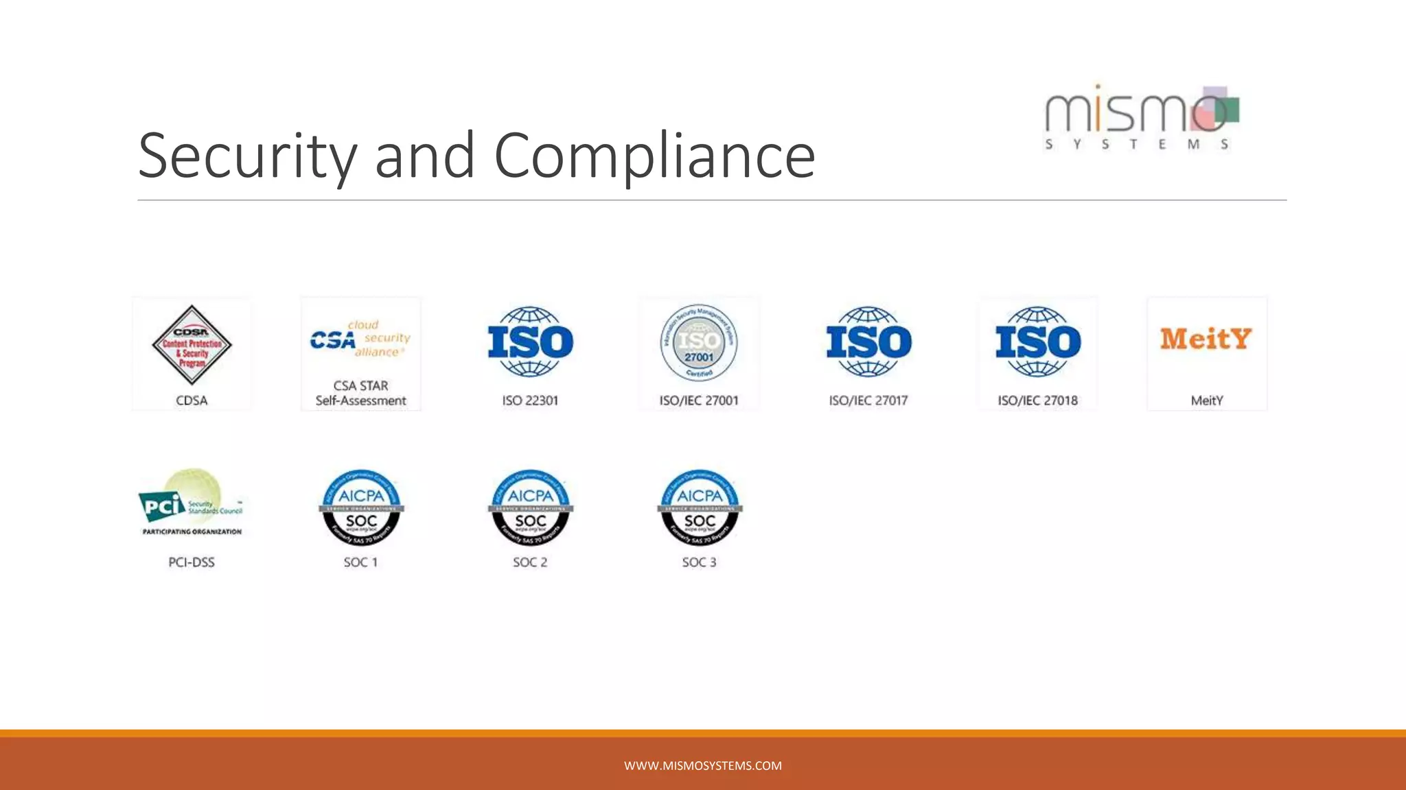 Security and Compliance
WWW.MISMOSYSTEMS.COM
 