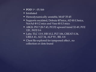  POD 1st : 05/feb
 Intubated
 Hemodynamically unstable, MAP 35-45
 Supports escalated, Dobuta @7mics, AD @ 0.3mics,
NorAd @ 0.2 mics and Vaso @ 0.3 mics
 ABGS: PH 7.28-7.43, PCO2 upward trend 32-49, PO2
120 , FiO2 0.6
 Labs: TLC 13.9, HB 10.2, PLT 106, CREAT 0.34,
UREA 41, ALT 34, ALP 93 , BIL 0.8
 Chest Re-explored for tamponed effect , no
collection or clots found
 
