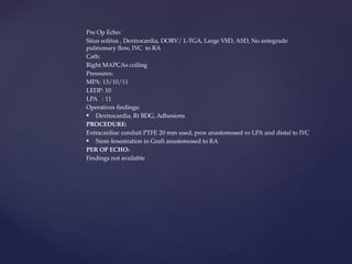 Pre Op Echo:
Situs solitus , Dextrocardia, DORV/ L-TGA, Large VSD, ASD, No antegrade
pulmonary flow, IVC to RA
Cath:
Right MAPCAs coiling
Pressures:
MPA: 13/10/11
LEDP: 10
LPA : 11
Operatives findings:
 Dextrocardia, Rt BDG, Adhesions
PROCEDURE:
Extracardiac conduit PTFE 20 mm used, prox anastomosed ro LPA and distal to IVC
 5mm fenestration in Graft anastomosed to RA
PER OP ECHO:
Findings not available
 