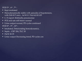 POD 5th
, 6th
, 7th
:
 Kept intubated
 Hemodynamically stable with episodes of hypotension,
with Dob @ 5 mics , Ad @ 0.1 NorAd @ 0.05
 C/S report: Klebsiella pneumoniae
 PO2 and sats still below normal
 Urine output normal, PD cycles continued
POD 8th
, 9th
, 10th
:
 Intubated, Deteriorating hemodynamics,
 Septic , CRP 204, TLC 18
 PaO2 30-35
 Urine output Decreasing trend, PD cycles con
 