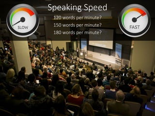 Speaking Speed
120 words per minute?
150 words per minute?
180 words per minute?
 