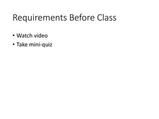 Requirements Before Class
• Watch video
• Take mini-quiz
 