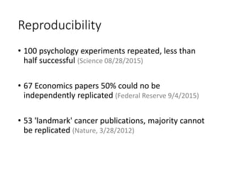 Reproducibility
• 100 psychology experiments repeated, less than
half successful (Science 08/28/2015)
• 67 Economics papers 50% could no be
independently replicated (Federal Reserve 9/4/2015)
• 53 'landmark' cancer publications, majority cannot
be replicated (Nature, 3/28/2012)
 