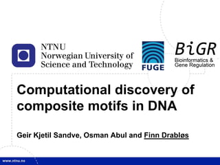 1




Computational discovery of
composite motifs in DNA

Geir Kjetil Sandve, Osman Abul and Finn Drabløs


                                     Finn Drabløs [tare.medisin.ntnu.no]
 