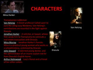 CHARACTERSMina HarkerCount Dracula -  A centuries-old vampire and Transylvanian noblemanVan Helsing -  A Dutch professor Called upon to cure the ailing Lucy Westenra, Van Helsing’s contributions are essential in the fight against DraculaJonathan Harker -  A solicitor, or lawyer, whose firm sends him to Transylvania to conclude a real estate transaction with Dracula.Mina Murray -  Jonathan Harker’s fiancée. Mina is a practical young woman who works as a schoolmistress, victimized by DraculaJohn Seward -  A talented young doctor, and the administrator of an insane asylum not far from Dracula’s English home.Arthur Holmwood -  Lucy’s fiancé and a friend of her other suitors.Van HelsingDracula