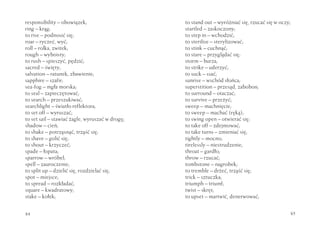 responsibility – obowiązek;                      to stand out – wyróżniać się, rzucać się w oczy;
ring – krąg;                                     startled – zaskoczony;
to rise – podnosić się;                          to step in – wchodzić;
roar – ryczeć, wyć;                              to sterilise – sterylizować;
roll – rolka, zwitek;                            to stink – cuchnąć;
rough – wyboisty;                                to stare – przyglądać się;
to rush – spieszyć, pędzić;                      storm – burza;
sacred – święty;                                 to strike – uderzyć;
salvation – ratunek, zbawienie;                  to suck – ssać;
sapphire – szafir;                               sunrise – wschód słońca;
sea-fog – mgła morska;                           superstition – przesąd, zabobon;
to seal – zapieczętować;                         to surround – otaczać;
to search – przeszukiwać;                        to survive – przeżyć;
searchlight – światło reflektora;                sweep – machnięcie;
to set off – wyruszać;                           to sweep – machać (ręką);
to set sail – stawiać żagle, wyruszać w drogę;   to swing open – otwierać się;
shadow – cień;                                   to take off – zdejmować;
to shake – potrząsnąć; trząść się;               to take turns – zmieniać się;
to shave – golić się;                            tightly – mocno;
to shout – krzyczeć;                             tirelessly – niestrudzenie;
spade – łopata;                                  throat – gardło;
sparrow – wróbel;                                throw – rzucać;
spell – zauroczenie;                             tombstone – nagrobek;
to split up – dzielić się, rozdzielać się;       to tremble – drżeć, trząść się;
spot – miejsce;                                  trick – sztuczka;
to spread – rozkładać;                           triumph – triumf;
square – kwadratowy;                             twist – skręt;
stake – kołek;                                   to upset – martwić, denerwować;


84                                                                                              85
 
