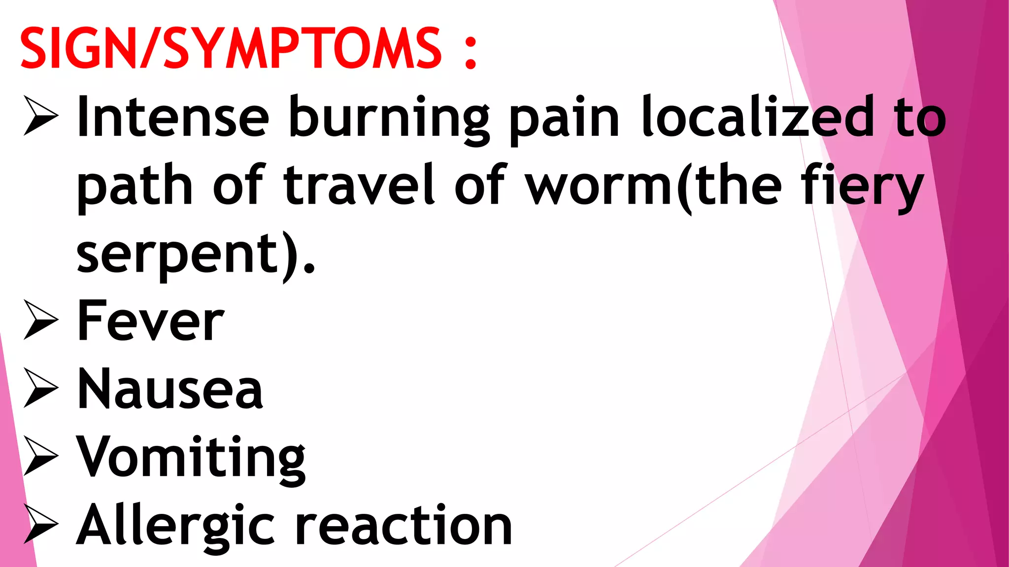 SIGN/SYMPTOMS :
 Intense burning pain localized to
path of travel of worm(the fiery
serpent).
 Fever
 Nausea
 Vomiting
 Allergic reaction
 