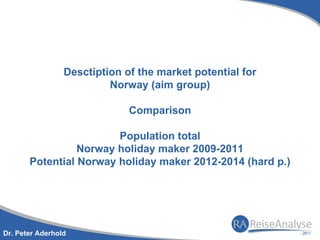 Desctiption of the market potential for
                          Norway (aim group)

                              Comparison

                        Population total
                 Norway holiday maker 2009-2011
       Potential Norway holiday maker 2012-2014 (hard p.)




Dr. Peter Aderhold
 