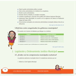 Dirigir la gestión administrativa pública municipal.
Dictar normas administrativas en el ámbito de su competencia.
Resolver asuntos administrativos.
Presentar informe al Alcalde y/o concejales municipales.
Coordinar la planificación y ejecución de las políticas del Gobierno Autónomo Municipal.
Implementar Planes Municipales, de acuerdo con las exigencias del Sistema de Planificación
Integral del Estado (SPIE).
Firmar decretos municipales y las resoluciones administrativas municipales relativas al área de sus
atribuciones.
Base Legal: Ley 482 artículos 28 y 29.
1.10¿Cómo están categorizados los gobiernos municipales?
De acuerdo con el número de habitantes que albergan en su territorio:
*Los municipios con población mayor a 50.000 habitantes son considerados ciudades.
Base Legal: DS 26451 anexo.
2 Legislación y Ordenamiento Jurídico Municipal
2.1 ¿Cuáles son las competencias municipales exclusivas?
Los gobiernos autónomos municipales tienen 43 competencias exclusivas que son:
1. Elaborar su Carta Orgánica Municipal.
10
Categoría Rangos de Población
Municipios A Población de hasta 5.000 habitantes
Municipios B Población de hasta 5.001 a 14.999 habitantes
Municipios C Población de hasta 15.000 a 49.999 habitantes
Municipios D * Población de hasta 50.000 a más habitantes
 