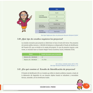Base legal: Reglamento básico de preinversión Resolución Ministerial 29/2007.
3.10 ¿Qué tipo de estudios requieren los proyectos?
Los estudios necesarios para proyectos se determinan en base al monto del mismo. Para proyectos
de inversión pública menores a 1.000.000 de bolivianos es indispensable el Estudio de Identificación
del Proyecto (EI), que va incluido en la carpeta del proyecto. En caso de proyectos mayores a este
monto, es necesario hacer un Estudio Integral Técnico Económico Social y Ambiental (TESA).
Ver en Anexo: Contenido mínimo del EI y TESA.
Base legal: Resolución Ministerial 29/2007 artículos 7 y 13.
3.11 ¿En qué consiste el Estudio de Identificación de proyectos?
El Estudio de Identificación (EI) es el estudio que define la relación problema-`proyecto a través de
la elaboración del diagnóstico de una situación objetivo basada en indicadores y necesidades
técnicas, sectoriales y de los beneficiarios locales.
Consultorio
Municipal
23
Monto Estudio Necesarios para la Inversión
Menores a Bs. 1.000.000,00 EI
Mayores a Bs. 1.000.000,00 EI y TESA
Idea
Perfil
El
TESA
Diseño final
Programación y ejecución
Operación
1 er Fase
PREINvERSIóN
2da Fase
INvERSIóN
3ra Fase
OPERACIóN
 