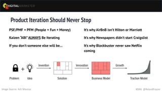 #DRA @RolandFrasier
Product Iteration Should Never Stop
PSF/PMF + PFM (People + Fun + Money)
Kaizen “ABI”ALWAYS Be Iterating
If you don’t someone else will be…
It’s why AirBnB isn’t Hilton or Marriott
It’s why Newspapers didn’t start Craigslist
It’s why Blockbuster never saw Netflix
coming
Image Source: Ash Maurya
 