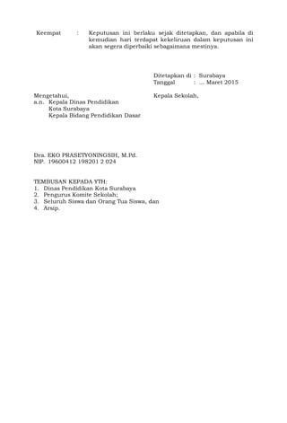 Keempat : Keputusan ini berlaku sejak ditetapkan, dan apabila di
kemudian hari terdapat kekeliruan dalam keputusan ini
akan segera diperbaiki sebagaimana mestinya.
Ditetapkan di : Surabaya
Tanggal : ... Maret 2015
Mengetahui, Kepala Sekolah,
a.n. Kepala Dinas Pendidikan
Kota Surabaya
Kepala Bidang Pendidikan Dasar
Dra. EKO PRASETYONINGSIH, M.Pd.
NIP. 19600412 198201 2 024
TEMBUSAN KEPADA YTH:
1. Dinas Pendidikan Kota Surabaya
2. Pengurus Komite Sekolah;
3. Seluruh Siswa dan Orang Tua Siswa, dan
4. Arsip.
 