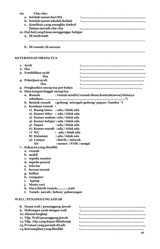 20. Cita-cita :
a. Setelah tamat dari MA :…………………………………………………………….
b. Setelah tamat sekolah/kuliah :…………………………………………………………….
c. Kesulitan yang mungkin timbul
Dalam meraih cita-cita :…………………………………………………………….
21.Hal-hal yang biasa mengganggu belajar
a. Di madrasah
_________________________________________________________
b. Di rumah/ di asrama
_________________________________________________________
KETERANGAN ORANGTUA
1. Ayah :……………………………………………………………..
2. Ibu :……………………………………………………………
3. Pendidikan ayah :……………………………………………………………..
Ibu :…………………………………………………………….
4. Pekerjaan ayah :……………………………………………………………
Ibu :…………………………………………………………..
5. Penghasilan orang tua per bulan :………………………………………………………….
6. Data tempat tinggal orang tua
a. Rumah : rumah sendiri/rumah dinas/kontrak(sewa)/lainnya
sebutkan………………………………………………………………………………*)
b. Bentuk rumah : gedung/ setengah gedung/ papan / bambu *)
c. Keadaan rumah :
1) Ruang tamu : ada / tidak ada
2) Kamar tidur : ada / tidak ada
3) Kamar makan : ada / tidak ada
4) Kamar belajar : ada / tidak ada
5) Dapur : ada / tidak ada
6) Kamar mandi : ada / tidak ada
7) WC : ada / tidak ada
8) Halaman : ada / tidak ada
9) Lampu : listrik / minyak
Air : sumur / PAM / sungai
7. Kekayan yang dimiliki
a. rumah
b. mobil
c. sepeda montor
d. sepeda pancal
e. televise
f. hewan ternak
g. kulkas
h. computer
i. laptop
j. Mesin cuci
k. Daya listrik rumah…………watt
l. Tanah : sawah / kebon/ pekarangan
WALI / PENANGGUNG JAWAB
8. Nama wali / penanggung jawab :………………………………………………………………
9. Hubungan anak dengan wali :……………………………………………………………
10.Alamat lengkap :………………………………………………………………
11. Tilp. Wali/penanggung jawab :……………………………………………………………..
12.Tilp. /Hp yang dapat dihubungi :……………………………………………………………
13.Prestasi yang pernah diraih :………………………………………………………………
14.Ketrampilan yang dimiliki :……………………………………………………………
16
 