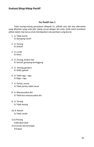 Evaluasi Sikap Hidup Positif
Tes Positif Live 1
Pada masing-masing pernyataan dibawah ini, pilihlah satu dari dua alternative
yang diberikan yang anda pikir paling sesuai dengan diri anda. Anda mesti membuat
pilihan dalam tiap kasus untuk mendapatkan satu penilaian yang akurat.
1. A. Tidak marah
B. Gampang marah
2. A. Tenang
B. Gelisah
3. A. Lunak
B. Keras
4. A. Tenang, lembut hati
B. Sensitif, gampang tersinggung
5. A. Senang, gembira
B. Sedih, gelisah
6. A. Tidak ragu - ragu
B. Ragu - ragu
7. A. Pantas, sesuai
B. Tidak pantas, tidak sesuai
8. A. Menyesuaikan diri
B. Tidak bisa menyesuaikan diri
9. A. Tenang
B. Tidak tenang
10. A. Ramah
B. Tidak ramah
11.A.Periang
B.Berubah ubah
12.A.Lincah, bersemangat
B.Gugup
30
 