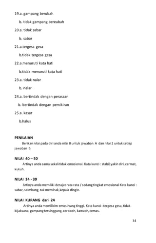19.a. gampang berubah
b. tidak gampang bereubah
20.a. tidak sabar
b. sabar
21.a.tergesa gesa
b.tidak tergesa gesa
22.a.menuruti kata hati
b.tidak menuruti kata hati
23.a. tidak nalar
b. nalar
24.a. bertindak dengan perasaan
b. bertindak dengan pemikiran
25.a. kasar
b.halus
PENILAIAN
Berikan nilai pada diri anda nilai 0 untuk jawaban A dan nilai 2 untuk setiap
jawaban B.
NILAI 40 – 50
Artinya anda sama sekalitidak emosional. Kata kunci: stabil,yakin diri, cermat,
kukuh.
NILAI 24 - 39
Artinya anda memiliki derajat rata rata / sedang tingkat emosional Kata kunci :
sabar, seimbang, tak memihak,kepala dingin.
NILAI KURANG dari 24
Artinya anda memilikim emosi yang tinggi. Kata kunci: tergesa gesa, tidak
bijaksana, gampang tersinggung, ceroboh, kawatir, cemas.
34
 