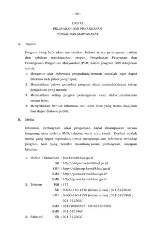 - 103 -
BAB XI
PELAYANAN DAN PENANGANAN
PENGADUAN MASYARAKAT
A. Tujuan
Program yang baik akan memastikan bahwa setiap pertanyaan, usulan
dan keluhan mendapatkan respon. Pengelolaan Pelayanan dan
Penanganan Pengaduan Masyarakat (P3M) dalam program BOS ditujukan
untuk:
1. Mengatur alur informasi pengaduan/temuan masalah agar dapat
diterima oleh pihak yang tepat;
2. Memastikan bahwa pengelola program akan menindaklanjuti setiap
pengaduan yang masuk;
3. Memastikan setiap progres penanganan akan didokumentasikan
secara jelas;
4. Menyediakan bentuk informasi dan data base yang harus disajikan
dan dapat diakses publik.
B. Media
Informasi, pertanyaan, atau pengaduan dapat disampaikan secara
langsung, atau melalui SMS, telepon, surat atau email. Berikut adalah
media yang dapat digunakan untuk menyampaikan informasi terhadap
program baik yang bersifat masukan/saran, pertanyaan, maupun
keluhan.
1. Online Dikdasmen : bos.kemdikbud.go.id
SD : http://ditpsd.kemdikbud.go.id
SMP : http://ditpsmp.kemdikbud.go.id
SMA : http://psma.kemdikbud.go.id
SMK : http://psmk.kemdikbud.go.id
2. Telepon PIH : 177
SD : 0-800-140-1276 (bebas pulsa) ; 021-5725632
SMP : 0-800-140-1299 (bebas pulsa) ; 021-5725980 ;
021-5725651
SMA : 081210805805 ; 081574805805
SMK : 021-5725467
3. Faksimil SD : 021-5725637
 