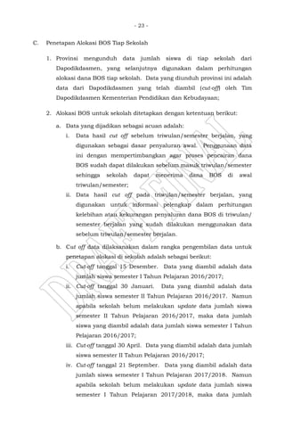 - 23 -
C. Penetapan Alokasi BOS Tiap Sekolah
1. Provinsi mengunduh data jumlah siswa di tiap sekolah dari
Dapodikdasmen, yang selanjutnya digunakan dalam perhitungan
alokasi dana BOS tiap sekolah. Data yang diunduh provinsi ini adalah
data dari Dapodikdasmen yang telah diambil (cut-off) oleh Tim
Dapodikdasmen Kementerian Pendidikan dan Kebudayaan;
2. Alokasi BOS untuk sekolah ditetapkan dengan ketentuan berikut:
a. Data yang dijadikan sebagai acuan adalah:
i. Data hasil cut off sebelum triwulan/semester berjalan, yang
digunakan sebagai dasar penyaluran awal. Penggunaan data
ini dengan mempertimbangkan agar proses pencairan dana
BOS sudah dapat dilakukan sebelum masuk triwulan/semester
sehingga sekolah dapat menerima dana BOS di awal
triwulan/semester;
ii. Data hasil cut off pada triwulan/semester berjalan, yang
digunakan untuk informasi pelengkap dalam perhitungan
kelebihan atau kekurangan penyaluran dana BOS di triwulan/
semester berjalan yang sudah dilakukan menggunakan data
sebelum triwulan/semester berjalan.
b. Cut off data dilaksanakan dalam rangka pengembilan data untuk
penetapan alokasi di sekolah adalah sebagai berikut:
i. Cut-off tanggal 15 Desember. Data yang diambil adalah data
jumlah siswa semester I Tahun Pelajaran 2016/2017;
ii. Cut-off tanggal 30 Januari. Data yang diambil adalah data
jumlah siswa semester II Tahun Pelajaran 2016/2017. Namun
apabila sekolah belum melakukan update data jumlah siswa
semester II Tahun Pelajaran 2016/2017, maka data jumlah
siswa yang diambil adalah data jumlah siswa semester I Tahun
Pelajaran 2016/2017;
iii. Cut-off tanggal 30 April. Data yang diambil adalah data jumlah
siswa semester II Tahun Pelajaran 2016/2017;
iv. Cut-off tanggal 21 September. Data yang diambil adalah data
jumlah siswa semester I Tahun Pelajaran 2017/2018. Namun
apabila sekolah belum melakukan update data jumlah siswa
semester I Tahun Pelajaran 2017/2018, maka data jumlah
 