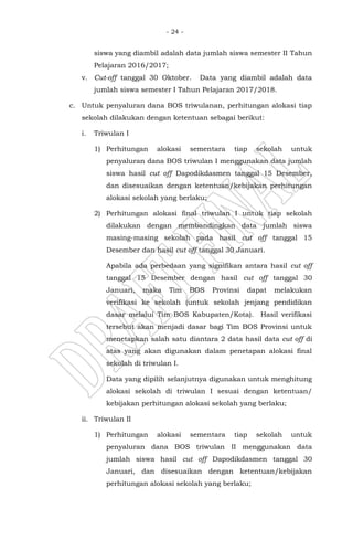 - 24 -
siswa yang diambil adalah data jumlah siswa semester II Tahun
Pelajaran 2016/2017;
v. Cut-off tanggal 30 Oktober. Data yang diambil adalah data
jumlah siswa semester I Tahun Pelajaran 2017/2018.
c. Untuk penyaluran dana BOS triwulanan, perhitungan alokasi tiap
sekolah dilakukan dengan ketentuan sebagai berikut:
i. Triwulan I
1) Perhitungan alokasi sementara tiap sekolah untuk
penyaluran dana BOS triwulan I menggunakan data jumlah
siswa hasil cut off Dapodikdasmen tanggal 15 Desember,
dan disesuaikan dengan ketentuan/kebijakan perhitungan
alokasi sekolah yang berlaku;
2) Perhitungan alokasi final triwulan I untuk tiap sekolah
dilakukan dengan membandingkan data jumlah siswa
masing-masing sekolah pada hasil cut off tanggal 15
Desember dan hasil cut off tanggal 30 Januari.
Apabila ada perbedaan yang signifikan antara hasil cut off
tanggal 15 Desember dengan hasil cut off tanggal 30
Januari, maka Tim BOS Provinsi dapat melakukan
verifikasi ke sekolah (untuk sekolah jenjang pendidikan
dasar melalui Tim BOS Kabupaten/Kota). Hasil verifikasi
tersebut akan menjadi dasar bagi Tim BOS Provinsi untuk
menetapkan salah satu diantara 2 data hasil data cut off di
atas yang akan digunakan dalam penetapan alokasi final
sekolah di triwulan I.
Data yang dipilih selanjutnya digunakan untuk menghitung
alokasi sekolah di triwulan I sesuai dengan ketentuan/
kebijakan perhitungan alokasi sekolah yang berlaku;
ii. Triwulan II
1) Perhitungan alokasi sementara tiap sekolah untuk
penyaluran dana BOS triwulan II menggunakan data
jumlah siswa hasil cut off Dapodikdasmen tanggal 30
Januari, dan disesuaikan dengan ketentuan/kebijakan
perhitungan alokasi sekolah yang berlaku;
 