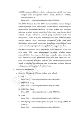 - 37 -
viii.SLB yang memiliki siswa lintas jenjang, atau sekolah luar biasa
dengan satu manajemen antara SDLB, dan/atau SMPLB,
dan/atau SMALB
Dana BOS = alokasi jumlah siswa x Rp 560.000,-
Tim BOS Provinsi dan Tim BOS Kabupaten/Kota sesuai dengan
kewenangannya harus memastikan bahwa sekolah mencadangkan
separuh dari dana BOS triwulan II (20% dari alokasi satu tahun) di
rekening sekolah untuk pembelian buku teks yang harus dibeli
sekolah dengan ketentuan jumlah yang ditetapkan pada bab
selanjutnya. Dana BOS yang dicadangkan ini baru boleh dicairkan
apabila sekolah akan membayar pemesanan buku teks yang
diperlukan, atau sudah memenuhi kewajiban menyediakan buku
sesuai ketentuan yang ditetapkan pada bab penggunaan dana.
Bila kebutuhan dana untuk pembelian buku teks lebih besar dari
20% dana BOS yang dicadangkan tersebut, sekolah dapat
menambahkan dana tersebut dari dana yang ada. Akan tetapi bila
dana kebutuhan dana pembelian buku teks lebih kecil dari 20%
dana BOS yang dicadangkan tersebut, sisa dana dapat digunakan
untuk pembelian buku lainnya atau pembiayaan kegiatan lainnya
sebagaimana diatur pada bab selanjutnya.
2. Penyaluran semesteran
a. Semester I (proporsi 60% dari alokasi satu tahun)
i. SD
Dana BOS = alokasi jumlah siswa x Rp 480.000,-
ii. SMP/SMP Satap
Dana BOS = alokasi jumlah siswa x Rp 600.000,-
iii. SMA/SMA Satap
Dana BOS = alokasi jumlah siswa x Rp 840.000,-
iv. SMK
Dana BOS = alokasi jumlah siswa x Rp 840.000,-
v. SDLB yang berdiri sendiri (tidak menjadi satu dengan SMPLB/
SMALB)
Dana BOS = alokasi jumlah siswa x Rp 480.000,-
 