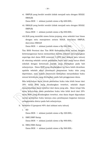 - 38 -
vi. SMPLB yang berdiri sendiri (tidak menjadi satu dengan SDLB/
SMALB)
Dana BOS = alokasi jumlah siswa x Rp 600.000,-
vii. SMALB yang berdiri sendiri (tidak menjadi satu dengan SDLB/
SMPLB)
Dana BOS = alokasi jumlah siswa x Rp 840.000,-
viii.SLB yang memiliki siswa lintas jenjang, atau sekolah luar biasa
dengan satu manajemen antara SDLB, dan/atau SMPLB,
dan/atau SMALB
Dana BOS = alokasi jumlah siswa x Rp 840.000,-
Tim BOS Provinsi dan Tim BOS Kabupaten/Kota sesuai dengan
kewenangannya harus memastikan bahwa sekolah mencadangkan
sepertiga dari dana BOS semester I (20% dari alokasi satu tahun)
di rekening sekolah untuk pembelian buku teks yang harus dibeli
sekolah dengan ketentuan jumlah yang ditetapkan pada bab
selanjutnya. Dana BOS yang dicadangkan ini baru boleh dicairkan
apabila sekolah akan membayar pemesanan buku teks yang
diperlukan, atau sudah memenuhi kewajiban menyediakan buku
sesuai ketentuan yang ditetapkan pada bab penggunaan dana.
Bila kebutuhan dana untuk pembelian buku teks lebih besar dari
20% dana BOS yang dicadangkan tersebut, sekolah dapat
menambahkan dana tersebut dari dana yang ada. Akan tetapi bila
dana kebutuhan dana pembelian buku teks lebih kecil dari 20%
dana BOS yang dicadangkan tersebut, sisa dana dapat digunakan
untuk pembelian buku lainnya atau pembiayaan kegiatan lainnya
sebagaimana diatur pada bab selanjutnya.
b. Semester II (proporsi 40% dari alokasi satu tahun)
i. SD
Dana BOS = alokasi jumlah siswa x Rp 320.000,-
ii. SMP/SMP Satap
Dana BOS = alokasi jumlah siswa x Rp 400.000,-
iii. SMA/SMA Satap
Dana BOS = alokasi jumlah siswa x Rp 560.000,-
 
