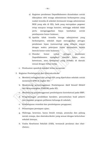 - 46 -
a) Kegiatan pendataan Dapodikdasmen diusahakan untuk
dikerjakan oleh tenaga administrasi berkompeten yang
sudah tersedia di sekolah (termasuk tenaga administrasi
BOS yang ada di SD), baik yang merupakan pegawai
tetap maupun tenaga honorer, sehingga sekolah tidak
perlu menganggarkan biaya tambahan untuk
pembayaran honor bulanan;
b) Apabila tidak tersedia tenaga administrasi yang
berkompeten, sekolah dapat menugaskan petugas
pendataan lepas (outsourcing) yang dibayar sesuai
dengan waktu pekerjaan (tidak dibayarkan dalam
bentuk honor rutin bulanan);
c) Standar honor untuk petugas pendataan
Dapodikdasmen mengikuti standar biaya, atau
ketentuan, atau kewajaran yang berlaku di daerah
sesuai dengan beban kerja.
c. Pembuatan spanduk sekolah bebas pungutan.
3. Kegiatan Pembelajaran dan Ekstrakurikuler
a. Membeli/mengganti alat peraga IPA yang diperlukan sekolah untuk
memenuhi SPM di tingkat SD;
b. Mendukung penyelenggaraan Pembelajaran Aktif Kreatif Efektif
dan Menyenangkan (PAKEM) pada SD;
c. Mendukung penyelenggaraan pembelajaran kontekstual pada SMP;
d. Pengembangan pendidikan karakter, penumbuhan budi pekerti
dan kegiatan program pelibatan keluarga di sekolah;
e. Pembelajaran remedial dan pembelajaran pengayaan;
f. Pemantapan persiapan ujian;
g. Olahraga, kesenian, karya ilmiah remaja, pramuka dan palang
merah remaja, dan ekstrakurikuler yang sesuai dengan kebutuhan
sekolah lainnya;
h. Usaha Kesehatan Sekolah (UKS), termasuk peralatan dan obat-
obatan;
 