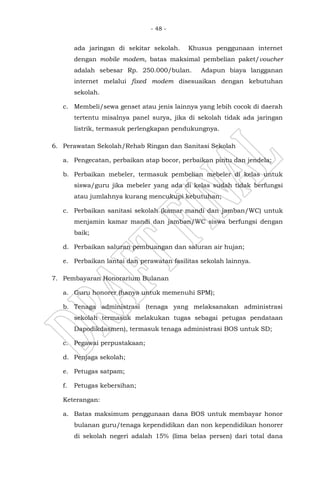 - 48 -
ada jaringan di sekitar sekolah. Khusus penggunaan internet
dengan mobile modem, batas maksimal pembelian paket/voucher
adalah sebesar Rp. 250.000/bulan. Adapun biaya langganan
internet melalui fixed modem disesuaikan dengan kebutuhan
sekolah.
c. Membeli/sewa genset atau jenis lainnya yang lebih cocok di daerah
tertentu misalnya panel surya, jika di sekolah tidak ada jaringan
listrik, termasuk perlengkapan pendukungnya.
6. Perawatan Sekolah/Rehab Ringan dan Sanitasi Sekolah
a. Pengecatan, perbaikan atap bocor, perbaikan pintu dan jendela;
b. Perbaikan mebeler, termasuk pembelian mebeler di kelas untuk
siswa/guru jika mebeler yang ada di kelas sudah tidak berfungsi
atau jumlahnya kurang mencukupi kebutuhan;
c. Perbaikan sanitasi sekolah (kamar mandi dan jamban/WC) untuk
menjamin kamar mandi dan jamban/WC siswa berfungsi dengan
baik;
d. Perbaikan saluran pembuangan dan saluran air hujan;
e. Perbaikan lantai dan perawatan fasilitas sekolah lainnya.
7. Pembayaran Honorarium Bulanan
a. Guru honorer (hanya untuk memenuhi SPM);
b. Tenaga administrasi (tenaga yang melaksanakan administrasi
sekolah termasuk melakukan tugas sebagai petugas pendataan
Dapodikdasmen), termasuk tenaga administrasi BOS untuk SD;
c. Pegawai perpustakaan;
d. Penjaga sekolah;
e. Petugas satpam;
f. Petugas kebersihan;
Keterangan:
a. Batas maksimum penggunaan dana BOS untuk membayar honor
bulanan guru/tenaga kependidikan dan non kependidikan honorer
di sekolah negeri adalah 15% (lima belas persen) dari total dana
 