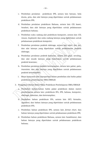 - 55 -
c. Pembelian peralatan praktikum IPS, antara lain batuan, bola
dunia, peta, dan alat lainnya yang diperlukan untuk pelaksanaan
praktikum IPS;
d. Pembelian peralatan praktikum Bahasa, antara lain CD, kaset,
headset, dan alat lainnya yang diperlukan untuk pelaksanaan
praktikum bahasa;
e. Pembelian suku cadang alat praktikum komputer, antara lain CD,
mouse, keyboard, dan suku cadang lainnya yang diperlukan untuk
pelaksanaan praktikum komputer;
f. Pembelian peralatan praktek olahraga, antara lain raket, bat, net,
dan alat lainnya yang diperlukan untuk pelaksanaan praktek
olahraga;
g. Pembelian peralatan praktek kesenian, antara lain gitar, seruling,
dan alat musik lainnya yang diperlukan untuk pelaksanaan
praktek kesenian;
h. Pembelian peralatan praktek keterampilan, antara lain pahat, palu,
transistor, dan alat lainnya yang diperlukan untuk pelaksanaan
praktek keterampilan;
i. Biaya konsumsi dan transportasi dalam pembelian alat habis pakai
praktikum pembelajaran SMA/SMALB.
3. Pengadaan Bahan Habis Pakai Praktikum Pembelajaran SMA/SMALB
a. Pembelian bahan-bahan habis pakai praktikum dalam materi
pembelajaran antara lain: praktikum IPA, IPS, bahasa, komputer,
olahraga, kesenian, dan keterampilan;
b. Pembelian bahan praktikum IPA, antara lain HCl, formalin,
aquadest, dan bahan lainnya yang diperlukan untuk pelaksanaan
praktikum IPA;
c. Pembelian bahan praktikum IPS, antara lain format chart, dan
bahan lainnya yang diperlukan untuk pelaksanaan praktikum IPS;
d. Pembelian bahan praktikum Bahasa, antara lain headcleaner, dan
bahan lainnya yang diperlukan untuk pelaksanaan praktikum
bahasa;
 